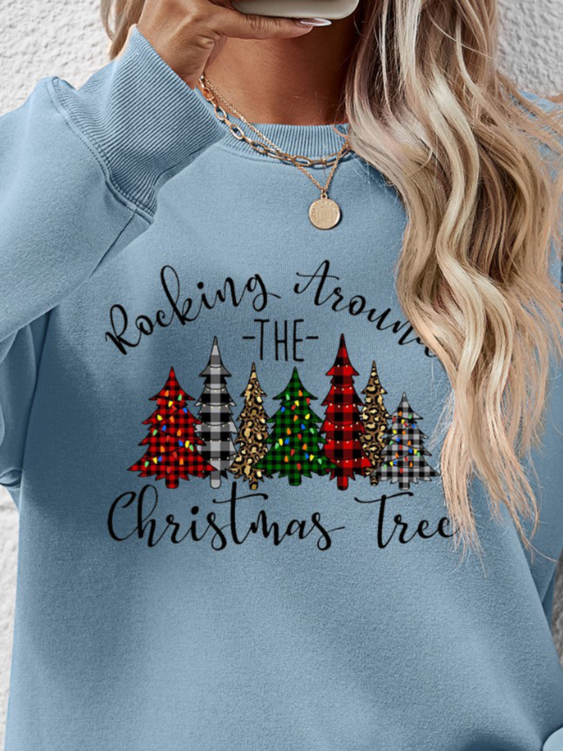 Orange w/ Christmas Tree Graphic Round Neck Women&#39;s Sweatshirt