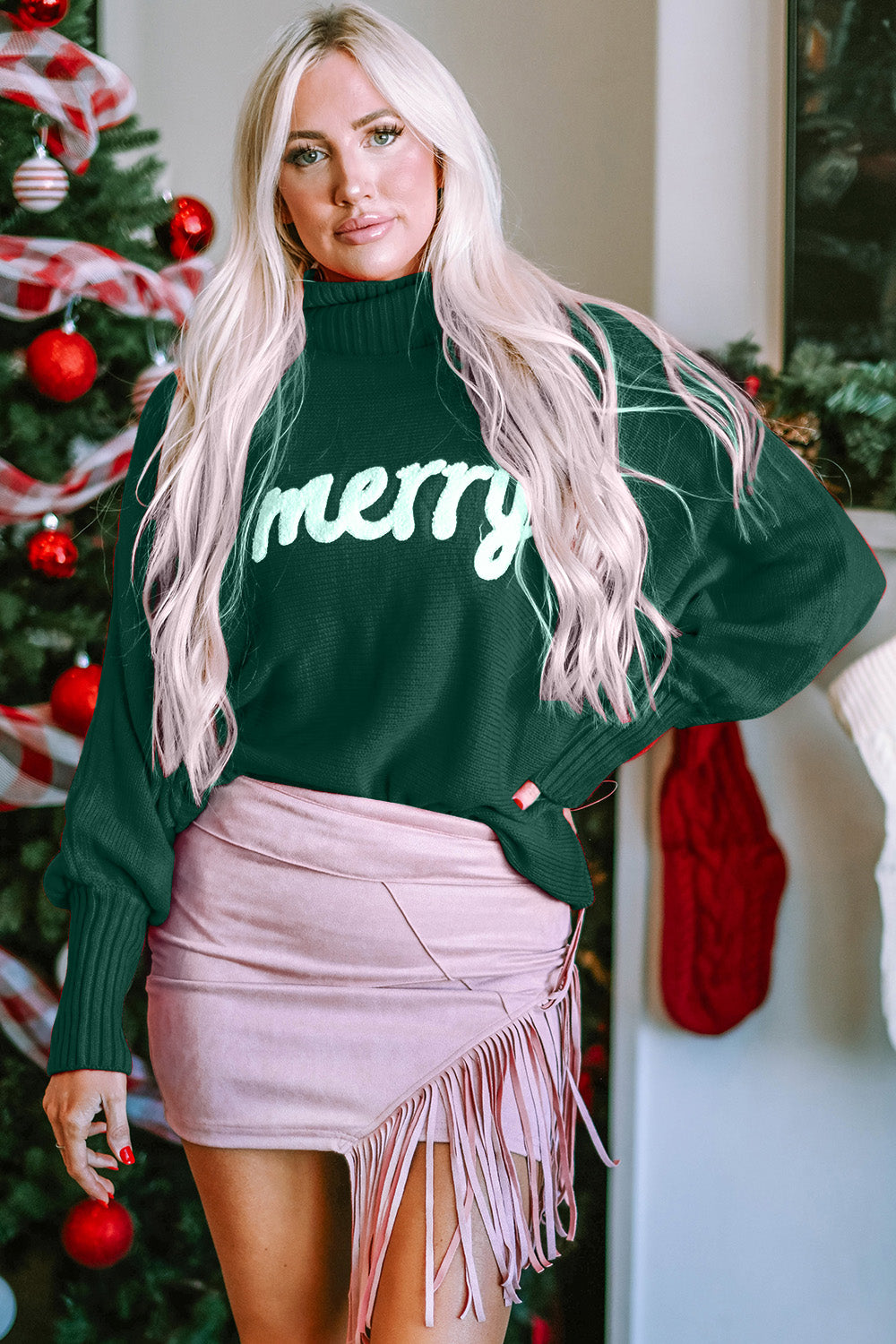 Dark Green &quot;Merry&quot; Christmas Holiday Turtleneck Long Sleeve Women&#39;s Sweater