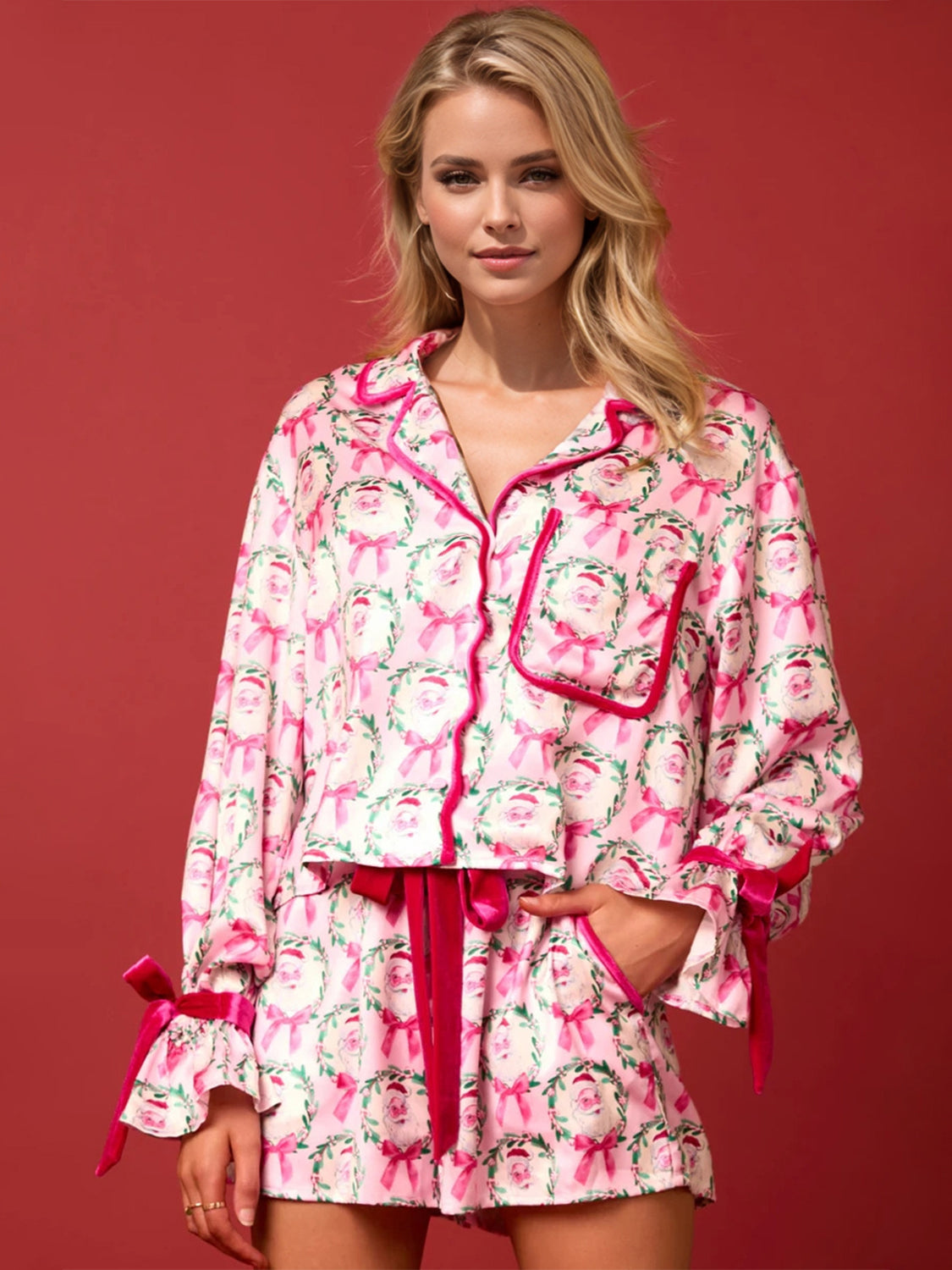 Pink Christmas Holiday Printed Collared Neck Long Sleeve Top &amp; Shorts Women&#39;s Pajamas