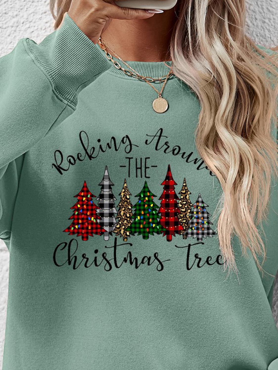 Orange w/ Christmas Tree Graphic Round Neck Women&#39;s Sweatshirt