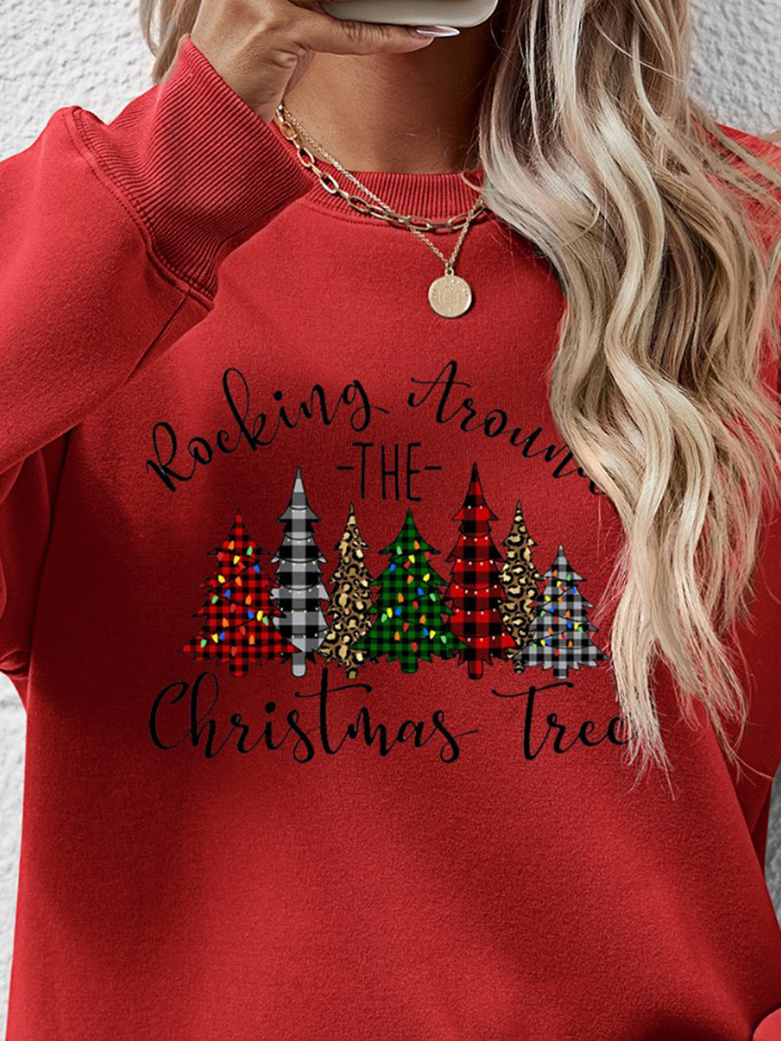 Orange w/ Christmas Tree Graphic Round Neck Women&#39;s Sweatshirt