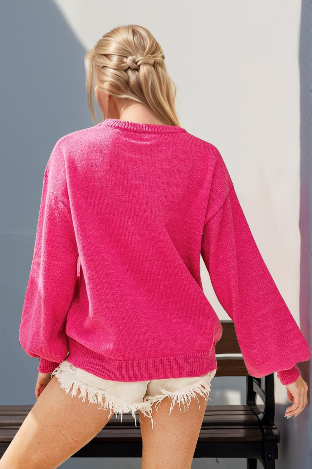 Hot Pink Double Take Sequin Nutcracker Long Sleeve Sweater (Also Plus Size)