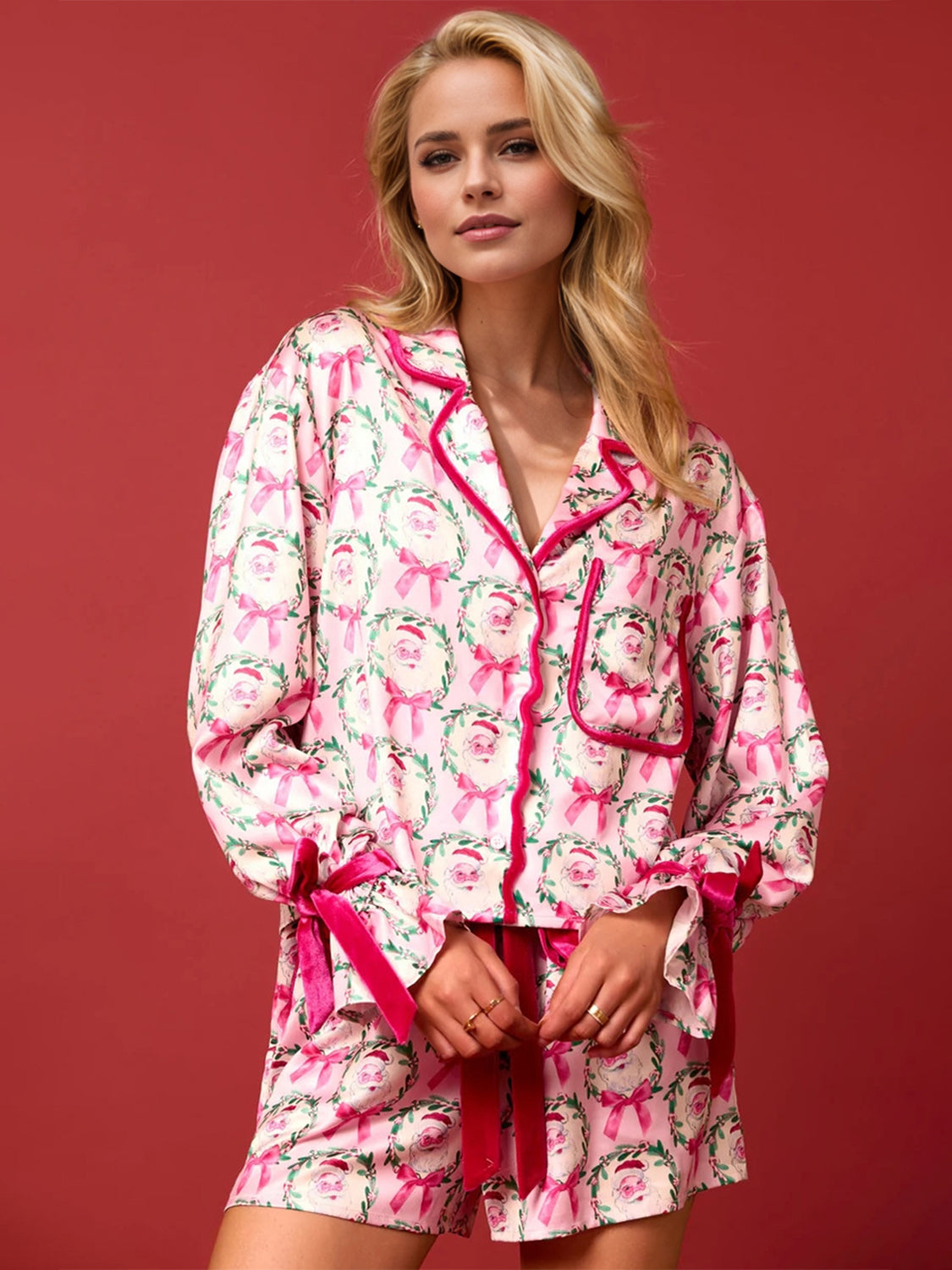 Pink Christmas Holiday Printed Collared Neck Long Sleeve Top &amp; Shorts Women&#39;s Pajamas