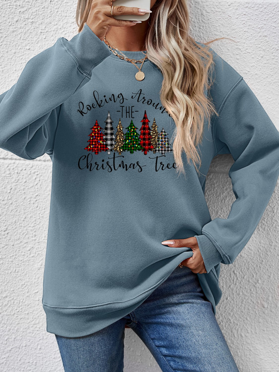 Orange w/ Christmas Tree Graphic Round Neck Women&#39;s Sweatshirt