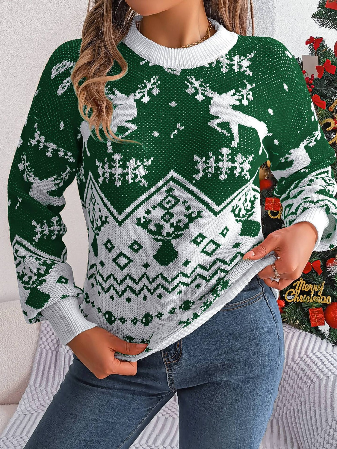 Christmas Holiday Element Round Crew Neck Long Sleeve Red Sweater