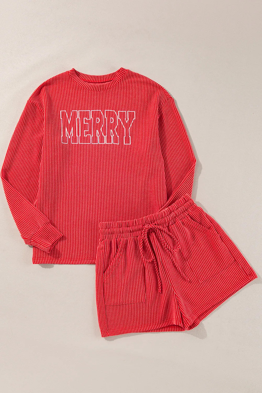 Red &quot;MERRY&quot; Round Neck Long Sleeve Top and Shorts Lounge Pajama Set