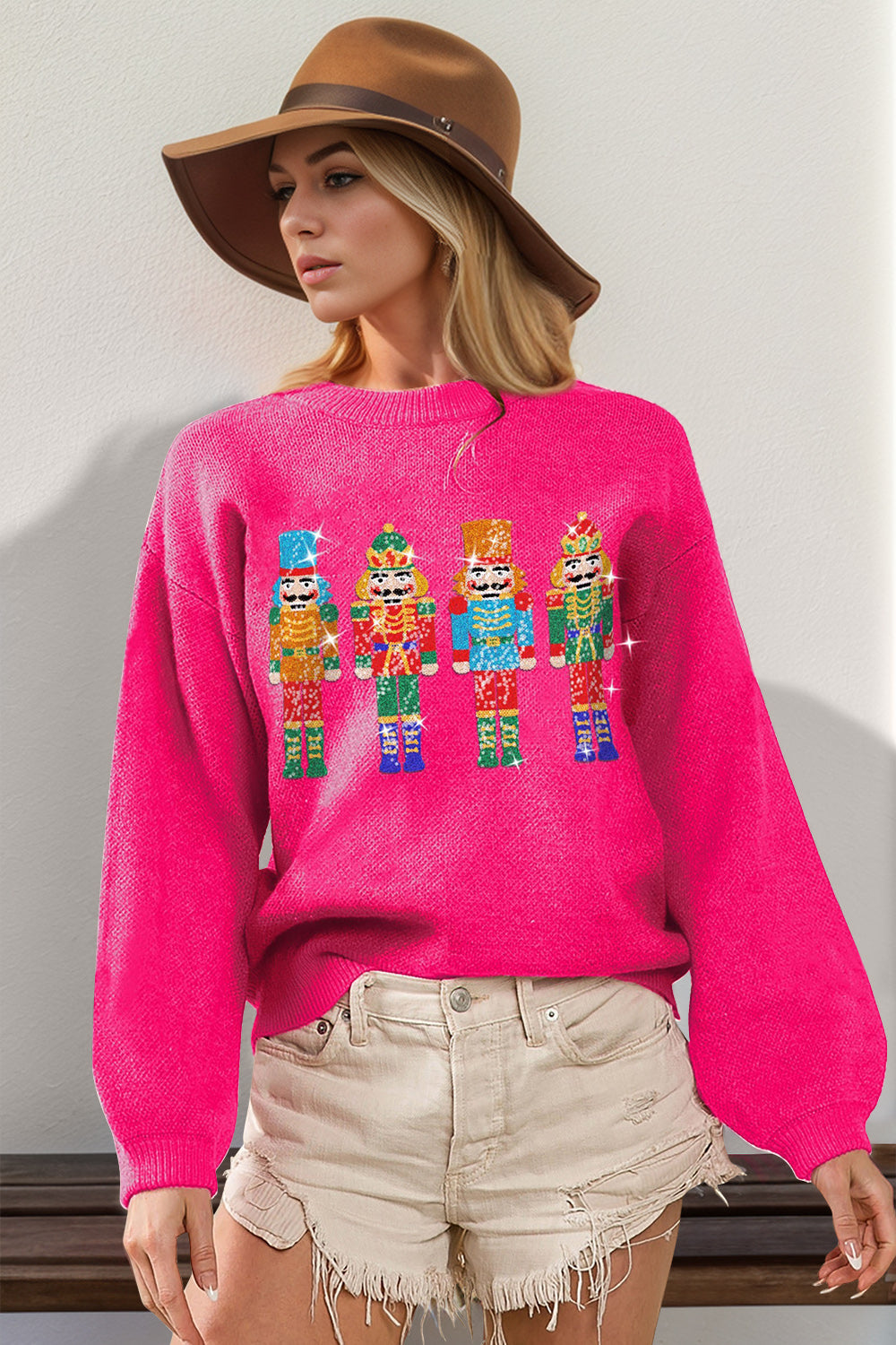 Hot Pink Double Take Sequin Nutcracker Long Sleeve Sweater (Also Plus Size)