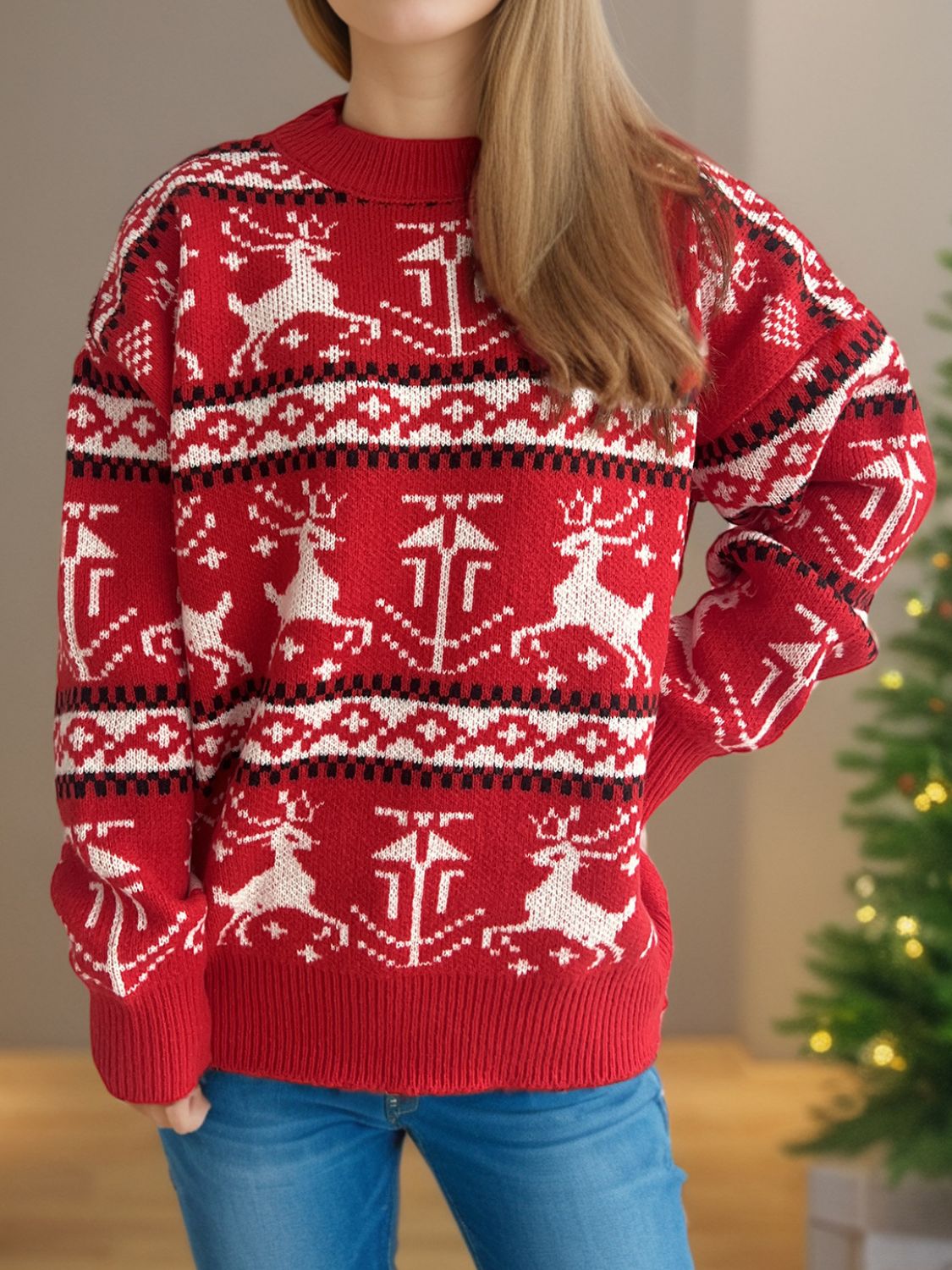 Red Christmas Holiday Reindeer Graphic Round Neck Long Sleeve Women&#39;s Sweater