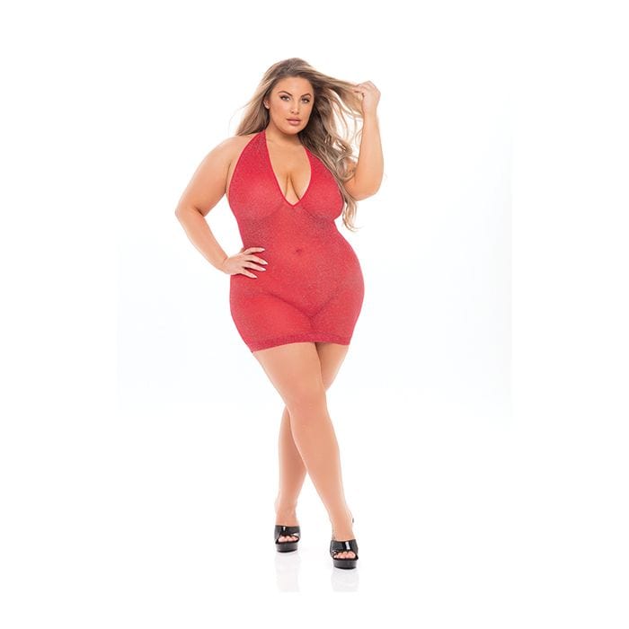 Eldorado Red / Queen Plus Size Red Sexy Love Bite V-Plunge Evening Club Party Mini Halter Dress SHC-25111X-RED-PL 2024 Sexy Plus Size Curvy Queen Red Sheer Net Mesh Mini Dress Apparel &amp; Accessories &gt; Clothing &gt; Dresses