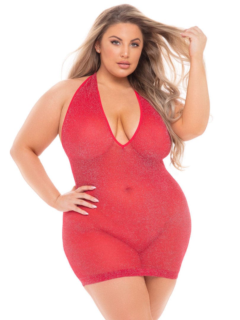 Eldorado Red / Queen Plus Size Red Sexy Love Bite V-Plunge Evening Club Party Mini Halter Dress SHC-25111X-RED-PL Sexy Plus Size Curvy Queen Red Love Bite Mesh Mini Party Dress Apparel &amp; Accessories &gt; Clothing &gt; Dresses