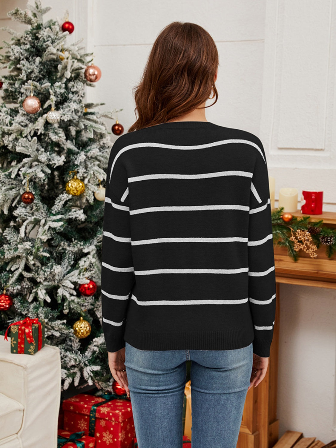 Sequin Santa Striped Round Neck Long Sleeve Green Women&#39;s Sweater