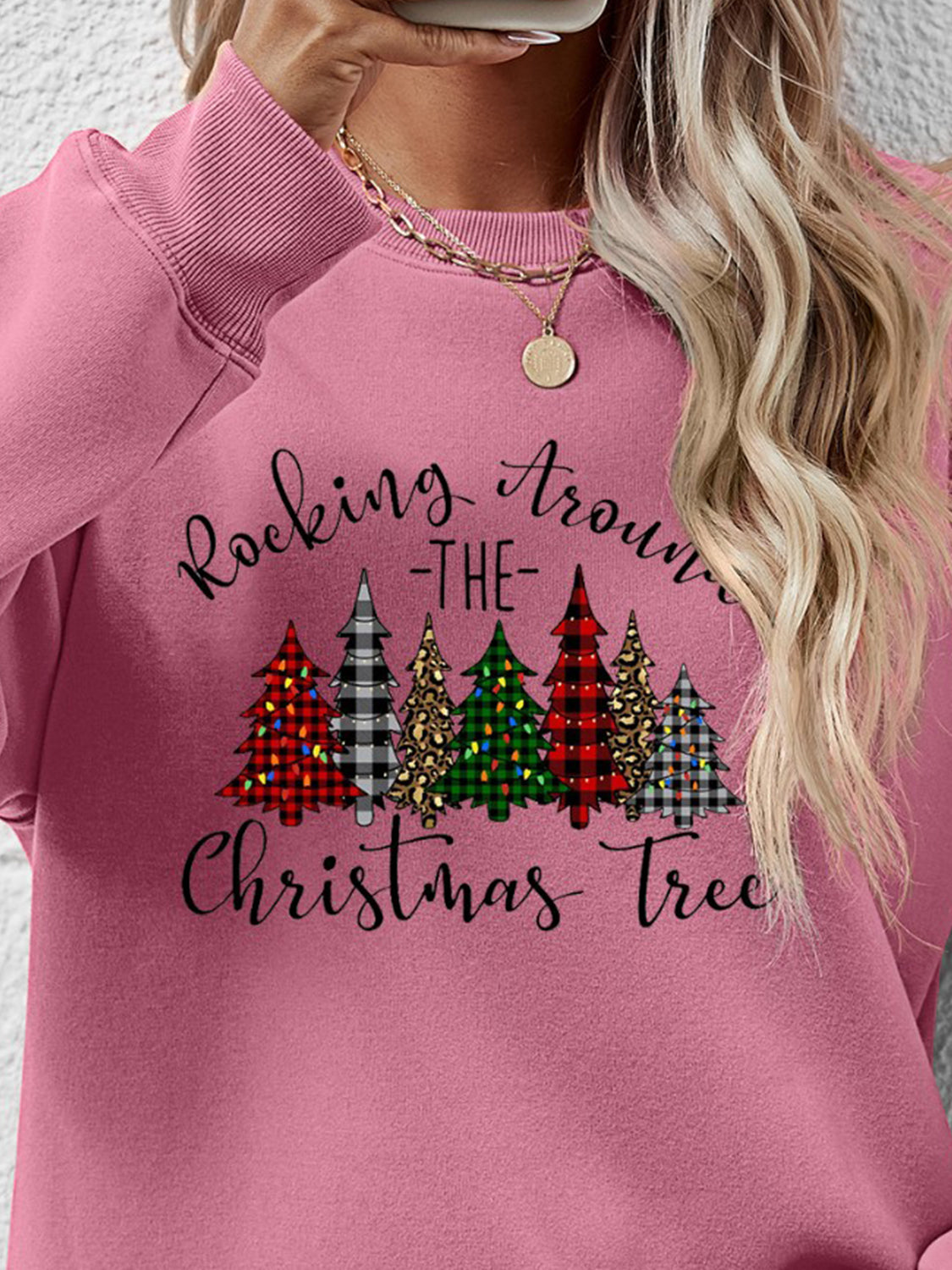 Orange w/ Christmas Tree Graphic Round Neck Women&#39;s Sweatshirt