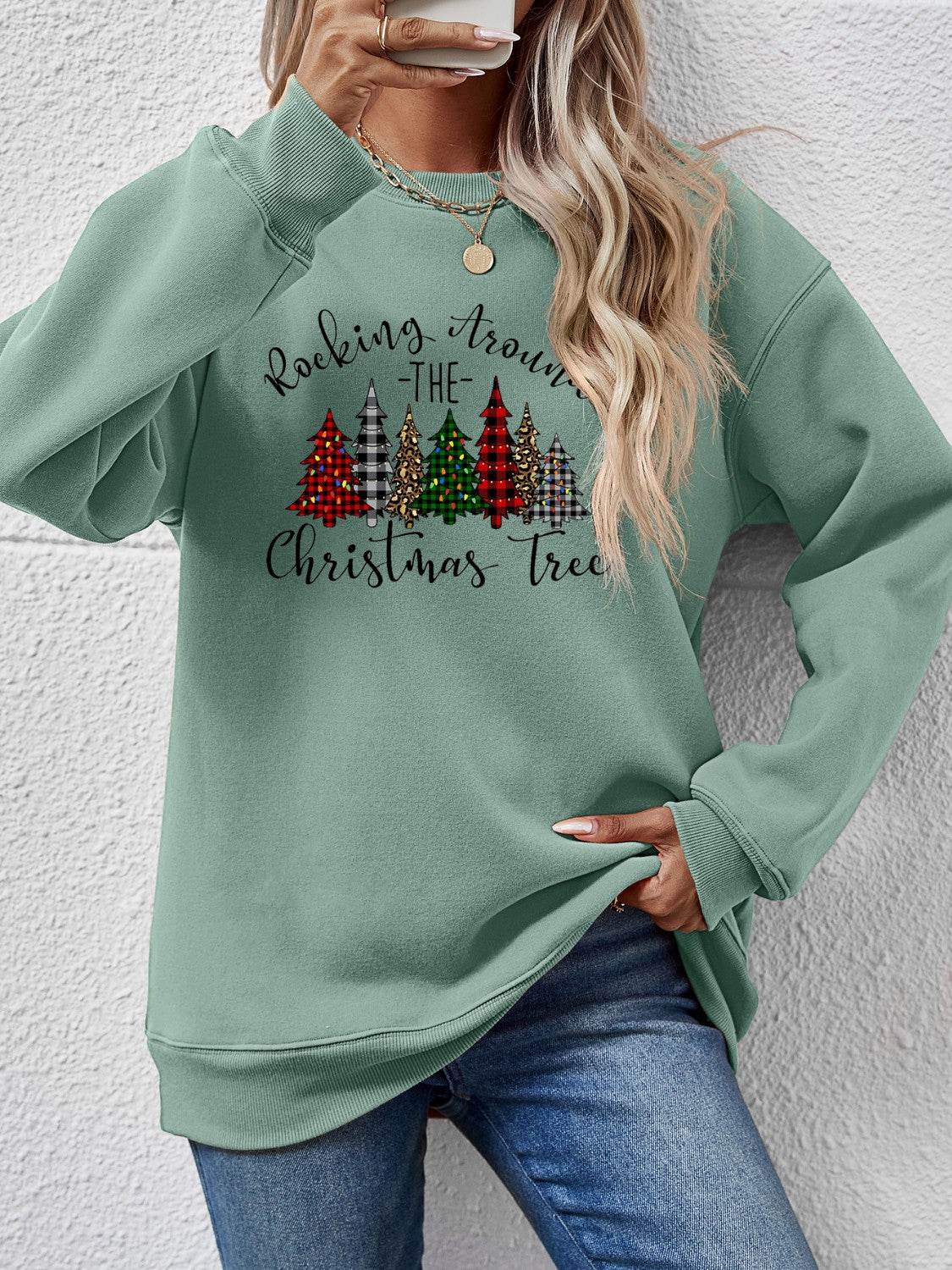 Orange w/ Christmas Tree Graphic Round Neck Women&#39;s Sweatshirt