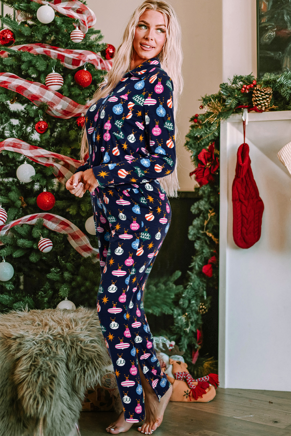 Navy Blue Christmas Lights Print Collared Neck Top and Pants Women&#39;s Pajama Set