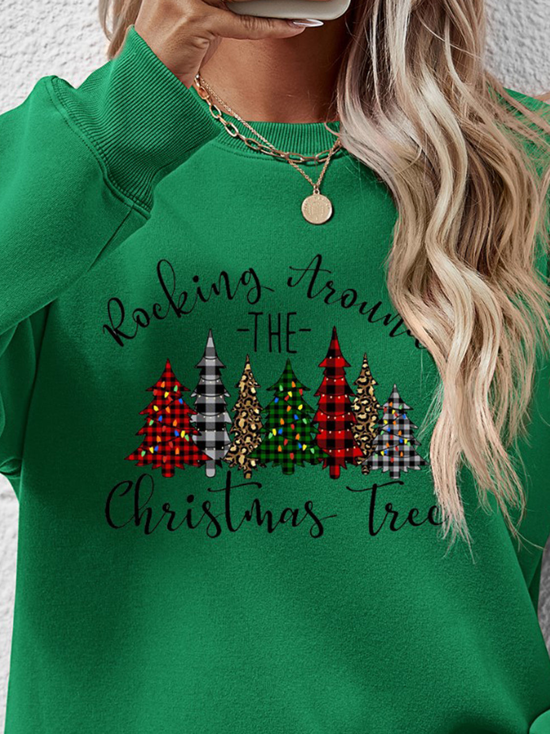 Orange w/ Christmas Tree Graphic Round Neck Women&#39;s Sweatshirt