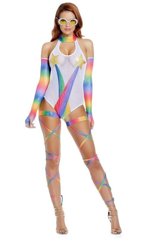 Forplay White Sheer w/ Rainbow Design Bodysuit &amp; Garter Leg Wraps &amp; Long Gloves Apparel &amp; Accessories &gt; Clothing &gt; One Pieces &gt; Jumpsuits &amp; Rompers