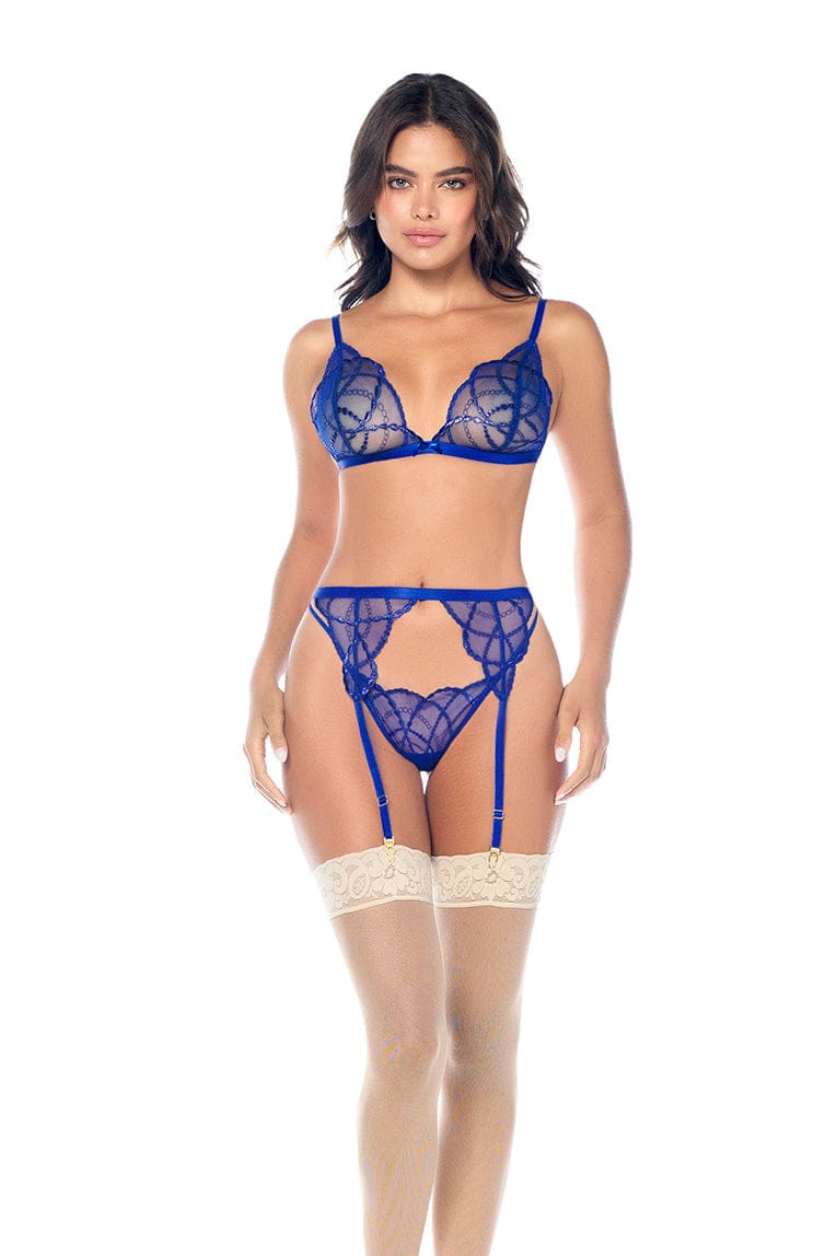 mapale Blue / S/M Blue Sheer Lace Embroidered Bra, G-string Thong Panty & Garter Belt Lingerie SHC-8944-BLUE-S/M-MA Blue Sheer Lace Bra Thong Panty & Garter Belt Lingerie Apparel & Accessories > Clothing > Underwear & Socks > Lingerie