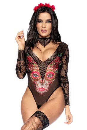 mapale Mesh Bodysuit with Lace Sleeves, Collar &amp; Headpiece Sexy Catrina Costume 2023 Sexy Underwire Halter Top Matching High Waisted Panty French Maid Costume Apparel &amp; Accessories &gt; Clothing &gt; Underwear &amp; Socks &gt; Lingerie