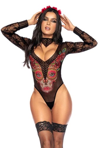 mapale Mesh Bodysuit with Lace Sleeves, Collar & Headpiece Sexy Catrina Costume 2023 Sexy Underwire Halter Top Matching High Waisted Panty French Maid Costume Apparel & Accessories > Clothing > Underwear & Socks > Lingerie