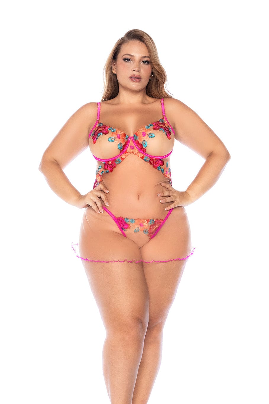 mapale Pink / 1/2X Pink Floral Embroidered Sheer Mesh Babydoll & G-string Thong Panty Lingerie SHC-7609X-SEGA-1/2X-MA Pink Floral Sheer Mesh Babydoll G-string Thong Panty Lingerie Apparel & Accessories > Clothing > Underwear & Socks > Lingerie