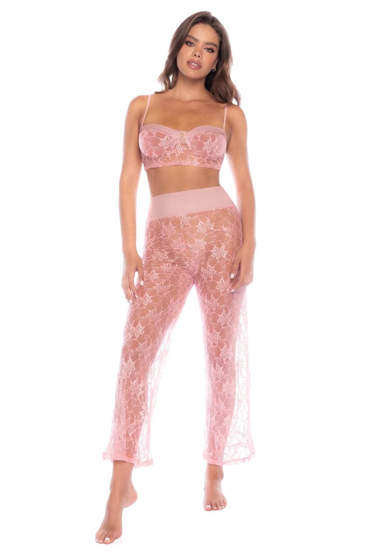 mapale Pink / S 7600 - 2 Pc. Pink Sheer Floral Lace Bralette &amp; Wide Leg Pants SHS-7600-ROSE-S-MA 2024 Sexy Pink Sheer Floral Lace Bralette &amp; Wide Leg Pants Apparel &amp; Accessories &gt; Clothing &gt; Underwear &amp; Socks &gt; Lingerie