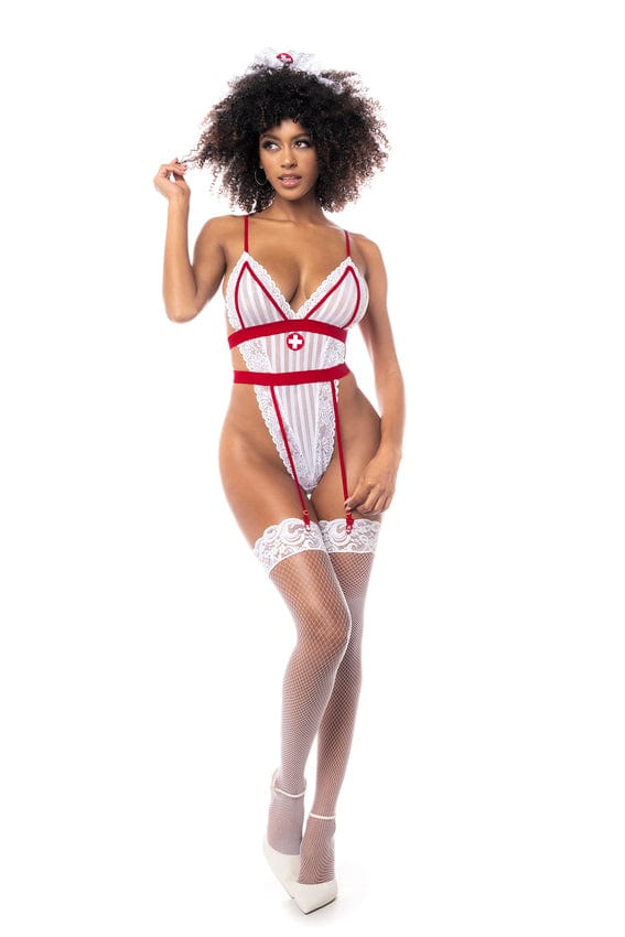 mapale White / S/M White Sheer Lace w/ Red Trims Thong Bodysuit w/ Garter Belt & Headpiece Nurse Costume Lingerie SHC-6486-S/M-MA White Sheer Lace w/ Red Trims Thong Bodysuit w/ Garter Belt & Headpiece Nurse Costume Lingerie Apparel & Accessories > Clothing > Underwear & Socks > Lingerie