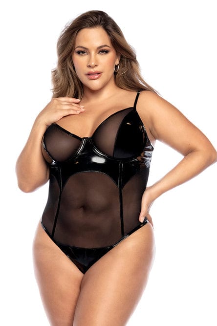 Plus Size Sexy Nude Tulle w/ Straps Garters & Clasp Bodysuit Lingerie