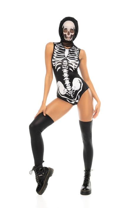 mapale Skeleton Print Bodysuit w/ Printed Hood 2024 Sexy Gloss Black Vinyl Gloves Apparel & Accessories > Costumes & Accessories > Costumes