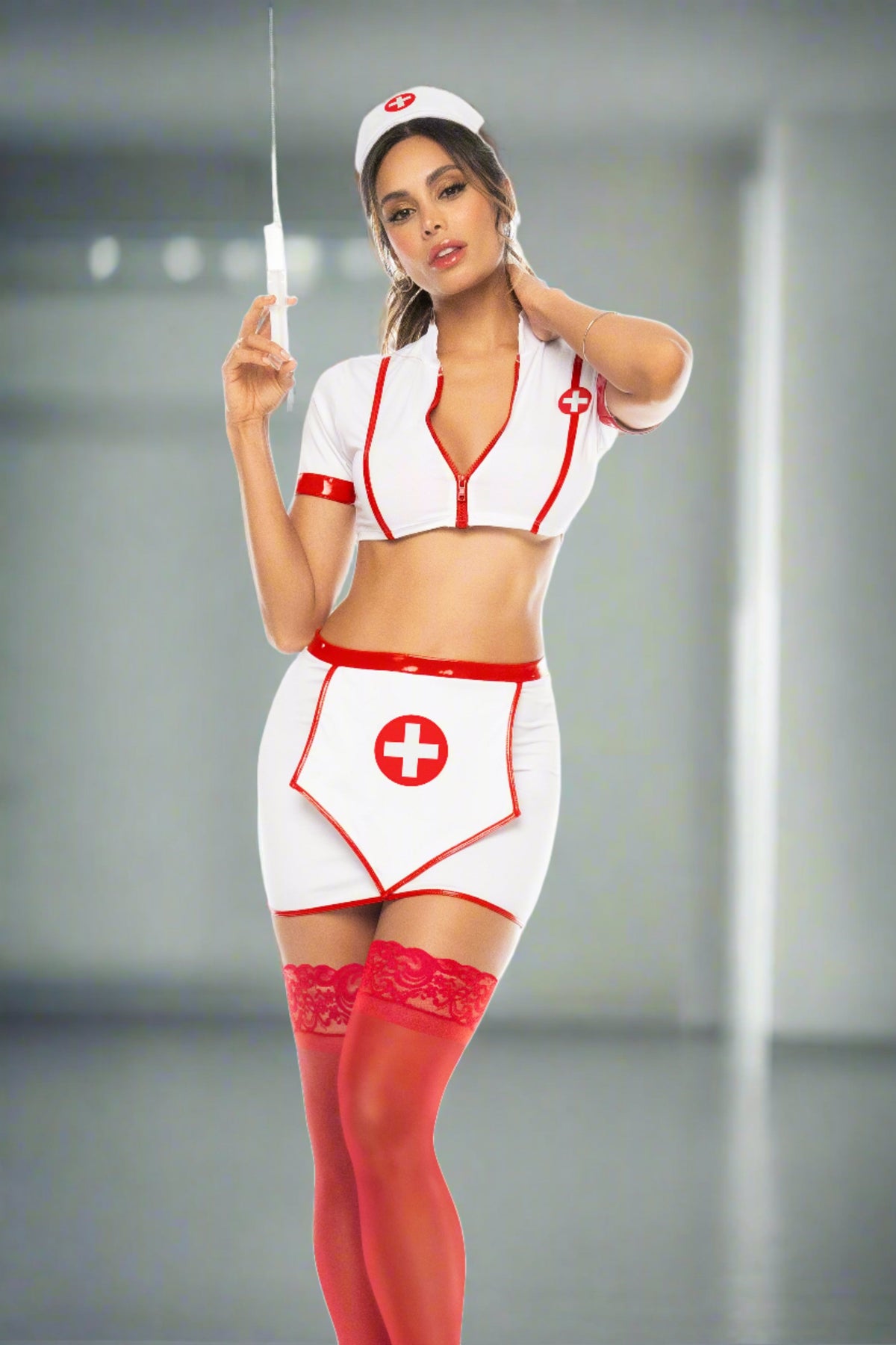 mapale White &amp; Red Sexy Nurse Top, Skirt &amp; Headpiece Cosplay Halloween Costume 2024 Sexy White &amp; Red Sexy Nurse Cosplay Halloween Costume Apparel &amp; Accessories &gt; Costumes &amp; Accessories &gt; Costumes