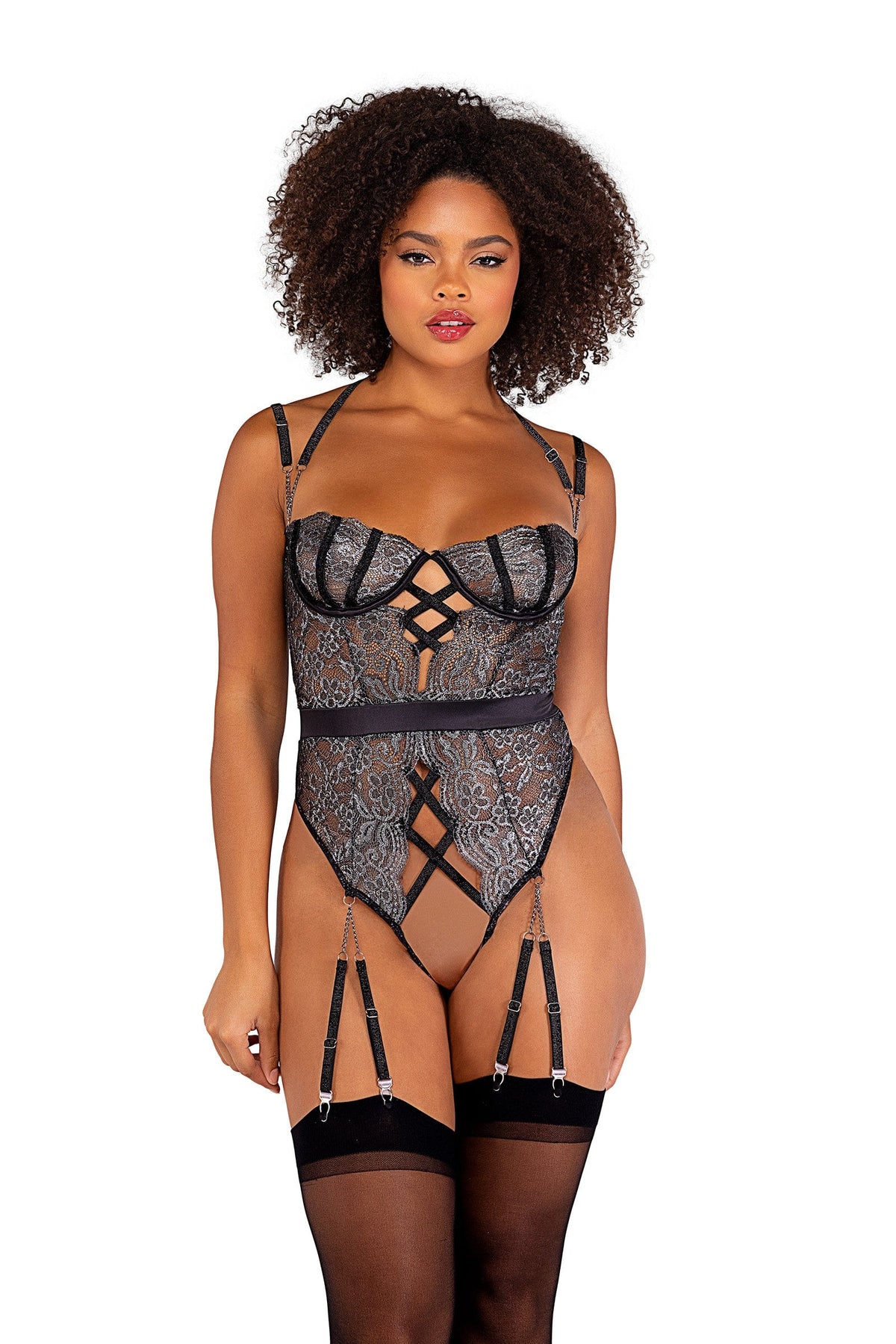 Roma Black Lace Strappy Sparkle Chained Garter Teddy Lingerie 2022 Black Lace Strappy Sparkle Chained Bustier Set Apparel &amp; Accessories &gt; Clothing &gt; One Pieces &gt; Jumpsuits &amp; Rompers
