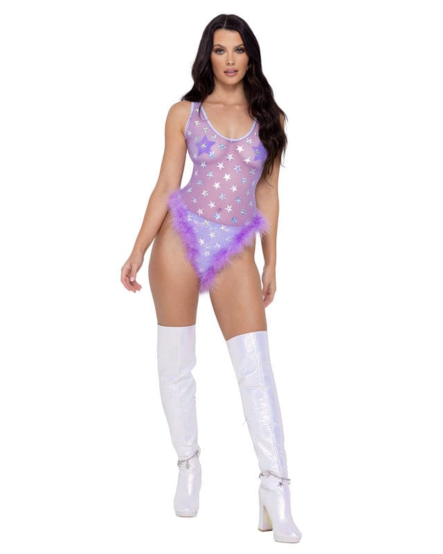 Roma Lavender w/ Silver Star Marabou Trim Romper Festival Ravewear 2023 Sexy Silver Ring Hologram Lace-up Romper Festival Ravewear Apparel &amp; Accessories &gt; Clothing &gt; One Pieces &gt; Jumpsuits &amp; Rompers