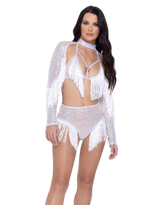 Roma One Size / White White Sequin Fishnet w/ Fringe Triangle Tie Top Festival Ravewear 6220-Wht-O/S 2023 Sexy White Sequin Fishnet Fringe Triangle Tie Top Ravewear Apparel & Accessories > Clothing > One Pieces > Jumpsuits & Rompers
