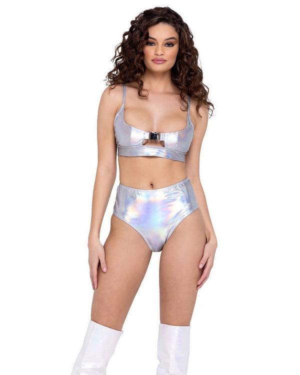 Roma Silver Vinyl Hologram w/ Buckle Closer Cropped Top Festival Ravewear 2023 Sexy Green Vinyl Cropped Tie Top Festival Ravewear Apparel & Accessories > Clothing > One Pieces > Jumpsuits & Rompers