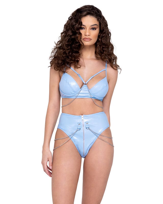Roma Small / Blue Blue Chain Detail High-Waisted Zip-Up Shorts Festival Ravewear 6292-Blue-S 2023 Sexy Blue Chain High-Waisted Zip-Up Shorts Ravewear Apparel &amp; Accessories &gt; Clothing &gt; One Pieces &gt; Jumpsuits &amp; Rompers