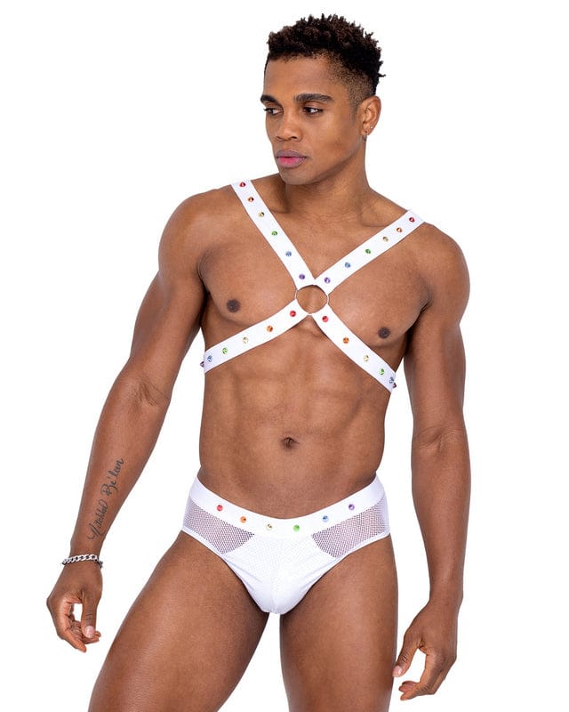 Roma Black Men’s Fishnet & Vinyl w/ Rainbow Studs Briefs (White Also Available) 2022 Black Men’s Fishnet Panel LOVE Elastic Band Briefs Ravewear Apparel & Accessories > Clothing > Shirts & Tops