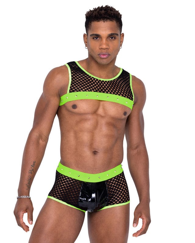 Roma Black Men’s Fishnet w/ Glow In The Dark Elastic Cropped Tank Top 2023 Sexy Black Men’s Fishnet Glow Dark Elastic Trunks Apparel & Accessories > Clothing > Shirts & Tops