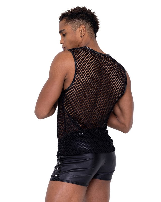 2024 Sexy Black Men's Fishnet w/ Stud Detail Tank Top