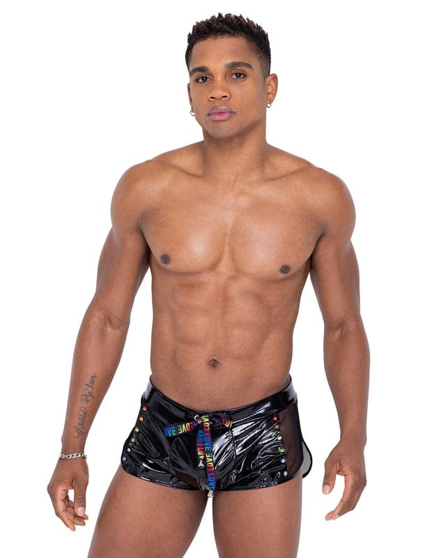 Roma Black Men’s Pride Mesh Vinyl w/ Fishnet Panel Runner Shorts 2022 Black Men’s Pride LOVE Elastic Band Runner Shorts Ravewear Apparel & Accessories > Clothing > Shirts & Tops