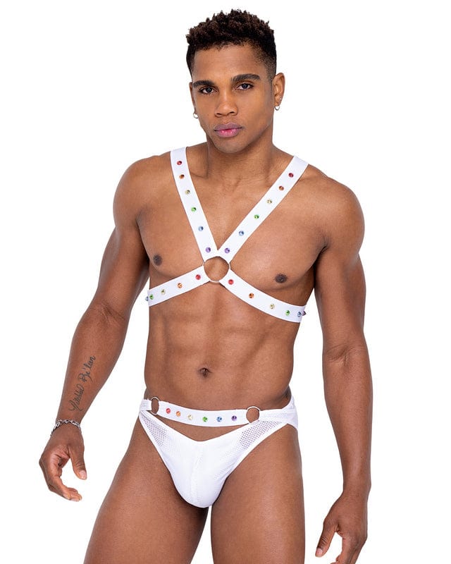 Roma Black Men’s Pride Ring Detail w/ Rainbow Stud Harness (White Also Available) 2023 Sexy Black Men’s Pride Rainbow Stud Harness Top Ravewear Apparel &amp; Accessories &gt; Clothing &gt; Shirts &amp; Tops