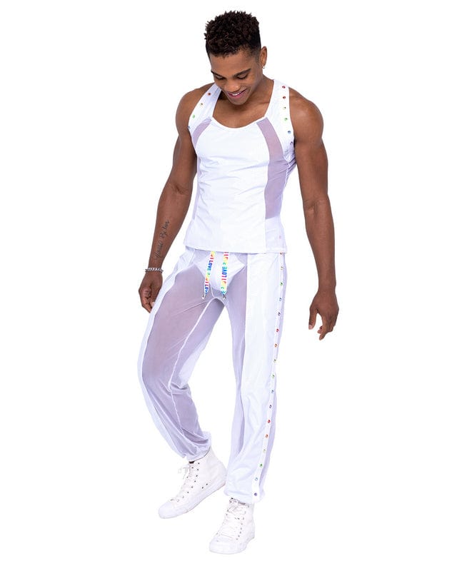 Roma White Men’s Pride Vinyl Mesh w/ Rainbow Studs Tank Top 2022 Black Men’s Pride Fishnet w/ LOVE Logo Tank Top Ravewear Apparel &amp; Accessories &gt; Clothing &gt; Shirts &amp; Tops