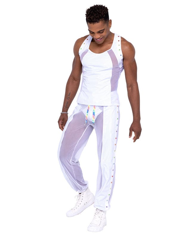 Sexy White Men's Pride Vinyl Mesh Rainbow Studs Tank Top Sexy White Men's Pride Vinyl Mesh Rainbow Studs Tank Top