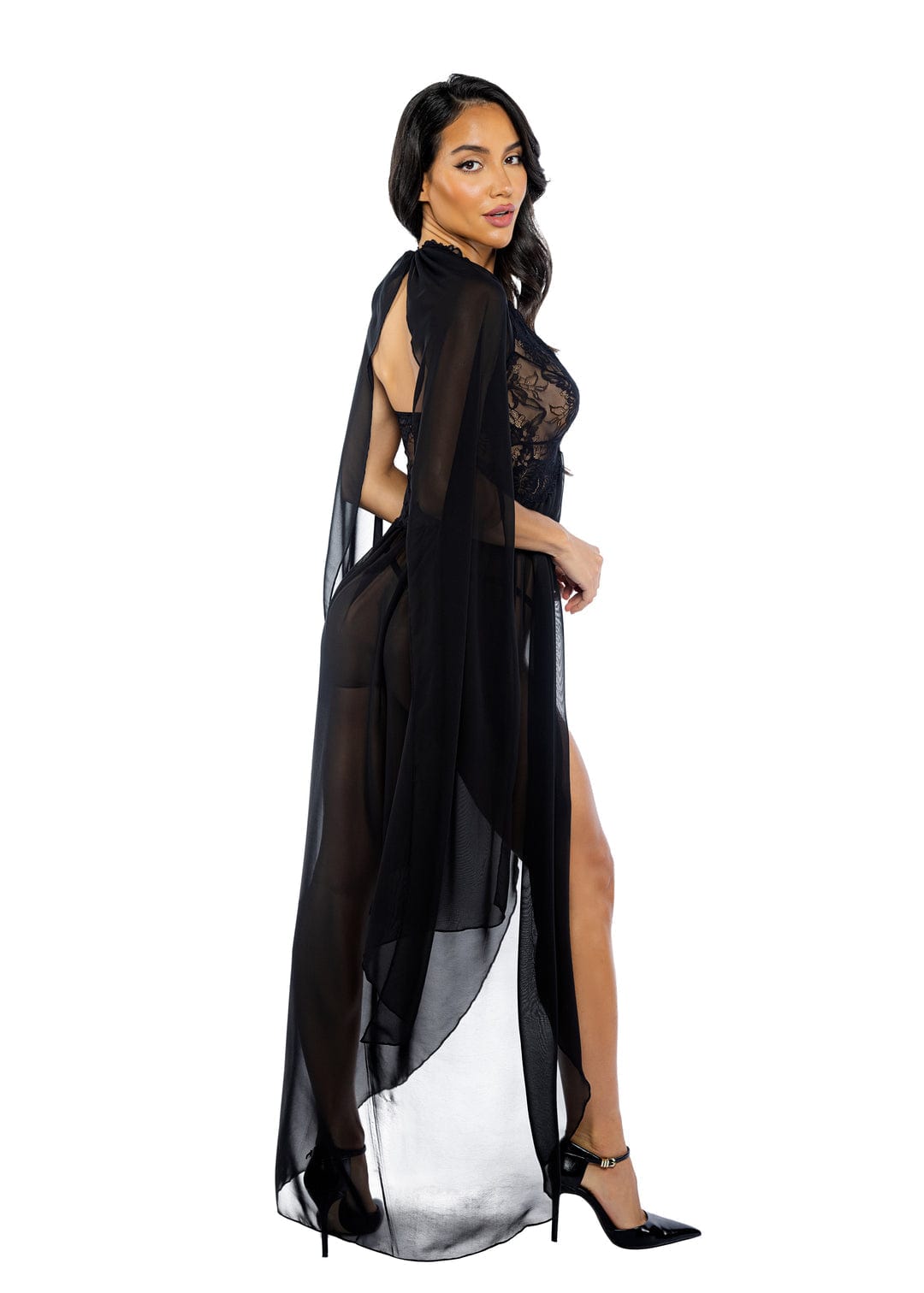 Sexy Black Lace & Chiffon Maxi Robe Thong Panty Women's Lingerie Sexy Black Lace & Chiffon Maxi Robe Thong Panty Women's Lingerie