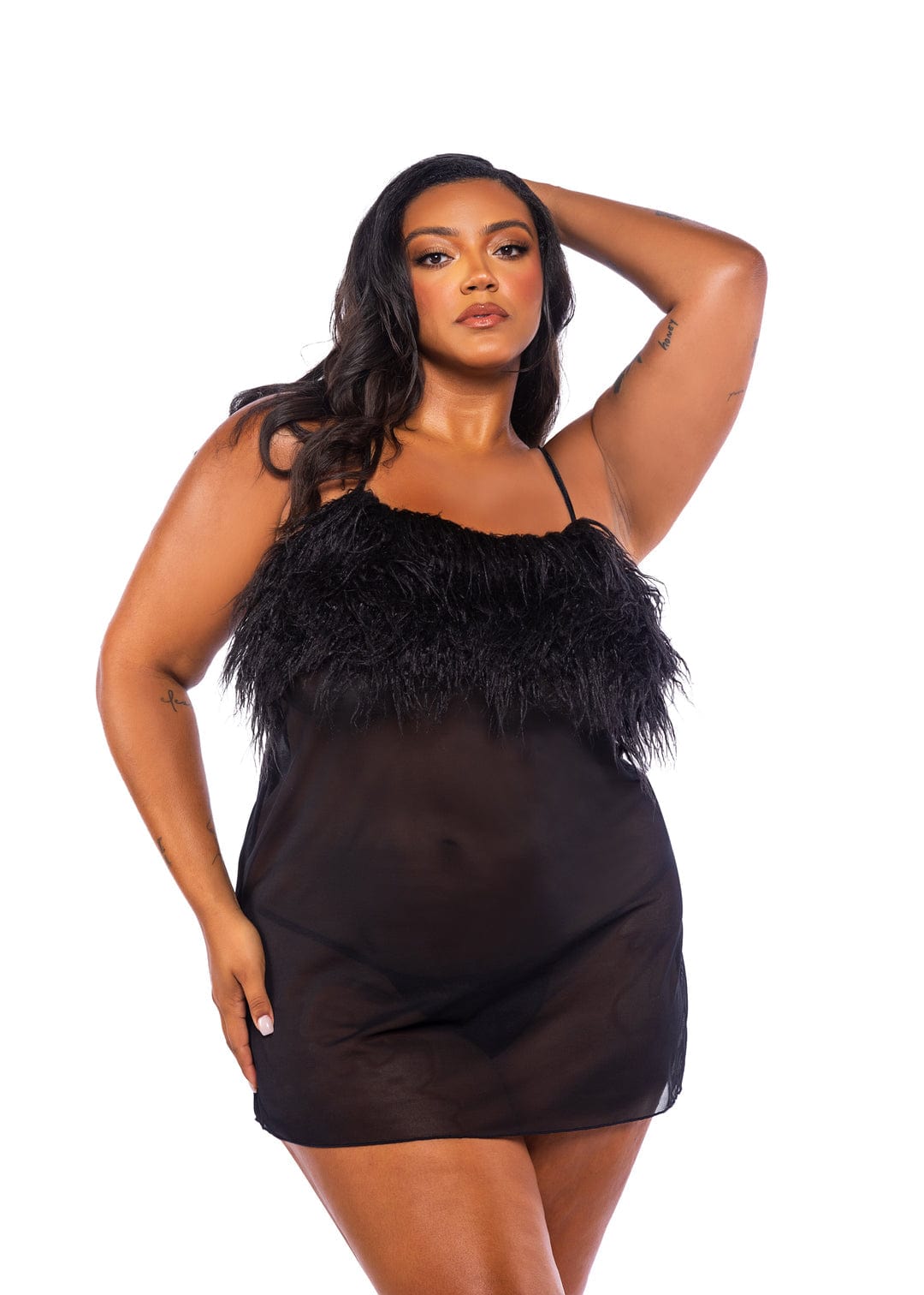 Roma Black / 1X 2 Pc Black Faux Feather &amp; Sheer Mesh Loose Babydoll &amp; Thong Panty Lingerie LI773Q-Blk-1X 2024 Sexy Black Feather &amp; Sheer Babydoll &amp; Thong Panty Lingerie Apparel &amp; Accessories &gt; Clothing &gt; Underwear &amp; Socks &gt; Lingerie