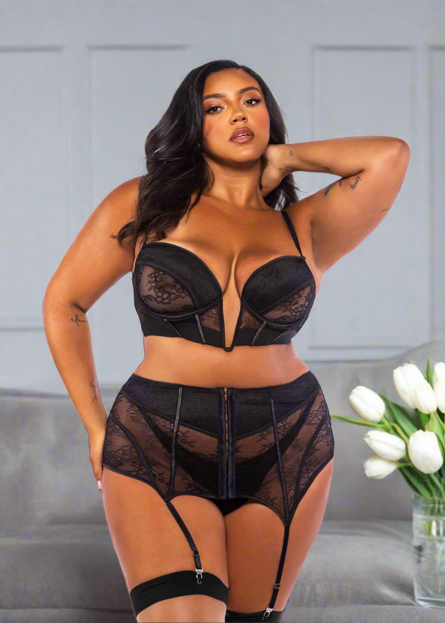 Roma Black / 1X 3 Pc Black Chantilly Lace & Satin Bustier, Garter Skirt & G-string Panty Lingerie LI714Q-Blk-1X 2024 Sexy Black Lace & Satin Bustier, Skirt & G-string Lingerie Apparel & Accessories > Clothing > Underwear & Socks > Lingerie