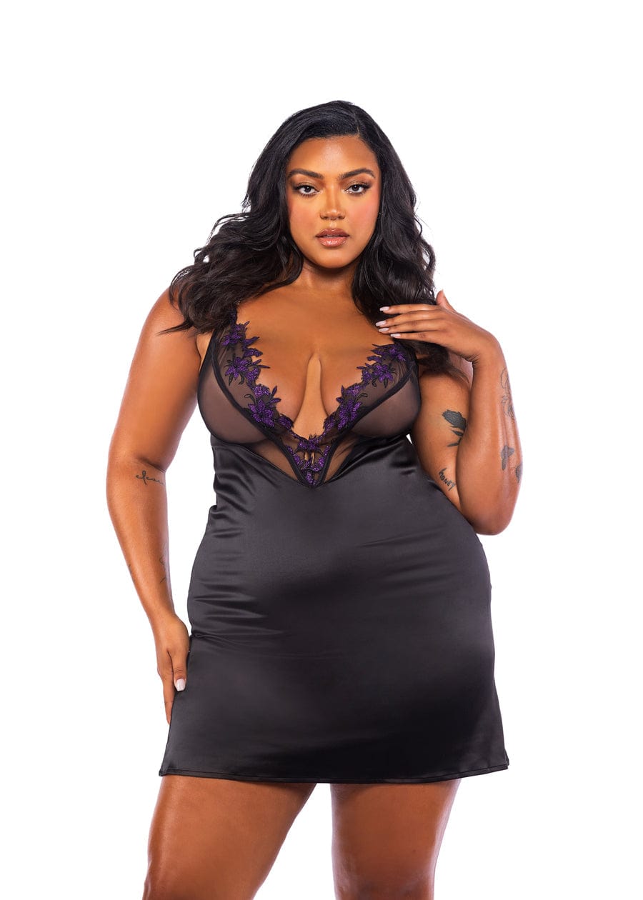 Plus Size Black Embroidered Lace & Satin Sleep Chemise Lingerie Plus Size Black Embroidered Lace & Satin Sleep Chemise Lingerie