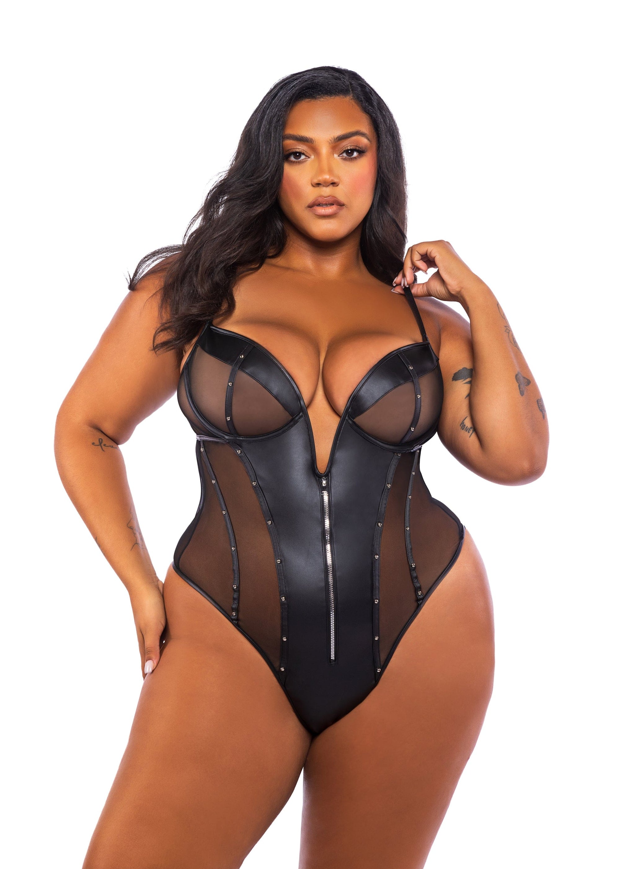 Roma Black / 1X Black Leather & Mesh Plunge V-neck Thong Teddy Lingerie LI701Q-Blk-1X 2024 Sexy Black Leather & Mesh Plunge V-neck Thong Teddy Lingerie Apparel & Accessories > Clothing > Underwear & Socks > Lingerie