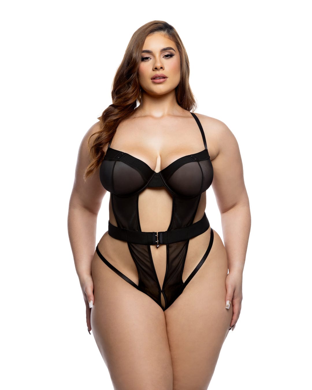 Roma Black / 1X Blue Elastic Mesh Balconette Cup Crotchless Thong Teddy Lingerie (Plus Size Available) Sexy Blue Twilight Floral Eyelash Lace Thong Teddy Lingerie Apparel &amp; Accessories &gt; Clothing &gt; Underwear &amp; Socks &gt; Lingerie