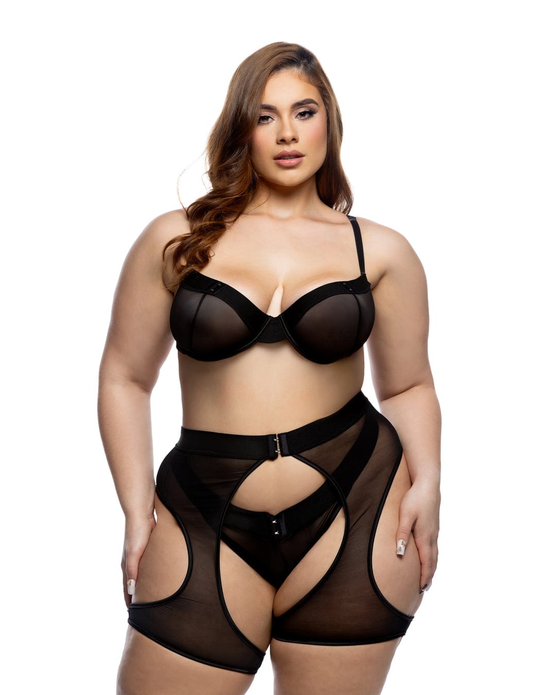 Roma Black / 1X Blue Elastic Mesh Balconette Underwire Bra, Chaps &amp; Thong Panty Lingerie (Plus Size Available) LI806Q-Blk-1X Blue Elastic Mesh Underwire Bra, Chaps &amp; Thong Panty Lingerie Apparel &amp; Accessories &gt; Clothing &gt; Underwear &amp; Socks &gt; Lingerie