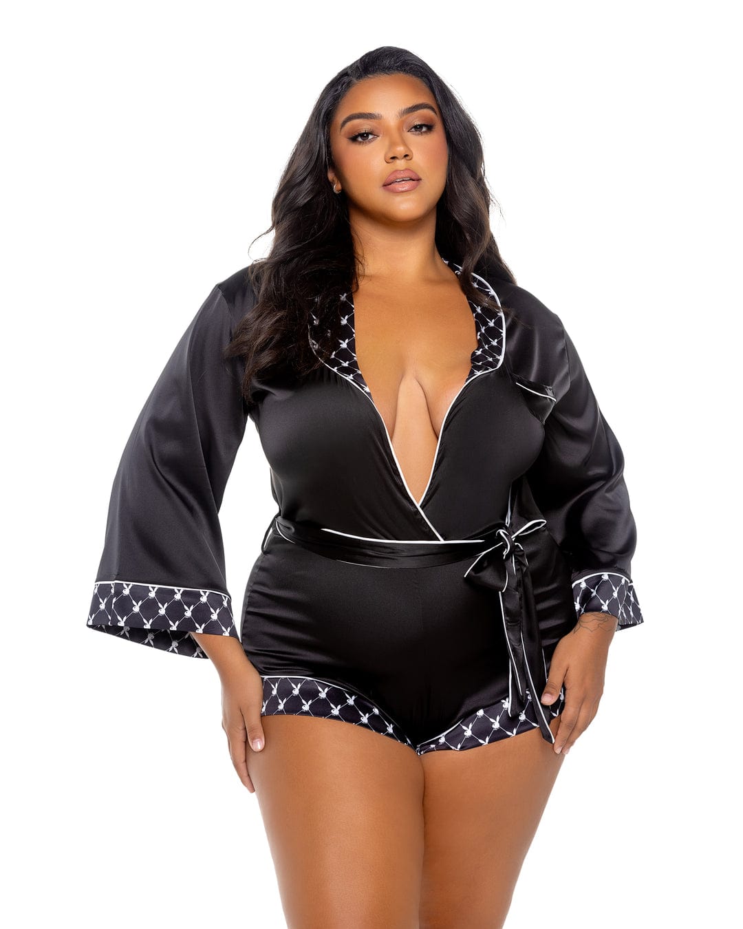 Roma Black / 1X Playboy Bunny Black Smoke Lounge Romper Lingerie (Plus Size Available) PBLI151Q-Blk/Wht-1X 2024 Sexy Playboy Bunny Black Smoke Lounge Romper Lingerie Apparel &amp; Accessories &gt; Clothing &gt; Underwear &amp; Socks &gt; Lingerie