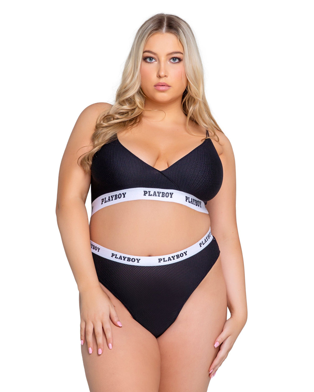 Roma Black Mesh Playboy Lifestyle Bralette &amp; High Waisted Thong Set (Plus Size Available) 2024 Sexy Playboy Pink Mesh Bralette High Waist Thong Lingerie  Apparel &amp; Accessories &gt; Clothing &gt; Underwear &amp; Socks &gt; Lingerie
